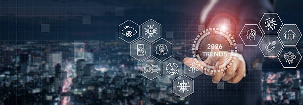 istock 2026 trends concept. A business professional interacts with virtual icons; key technological trends projected for 2026, including AI, sustainability, digital transformation, digital skill and health. 2216805998