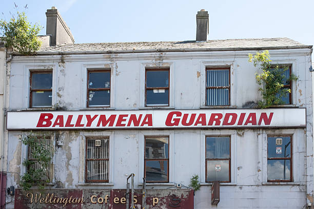 Ballymena, Northern Ireland - May 18th, 2025: Former office building of local newspaper the Ballymena Guardian in disrepair, Wellington St.