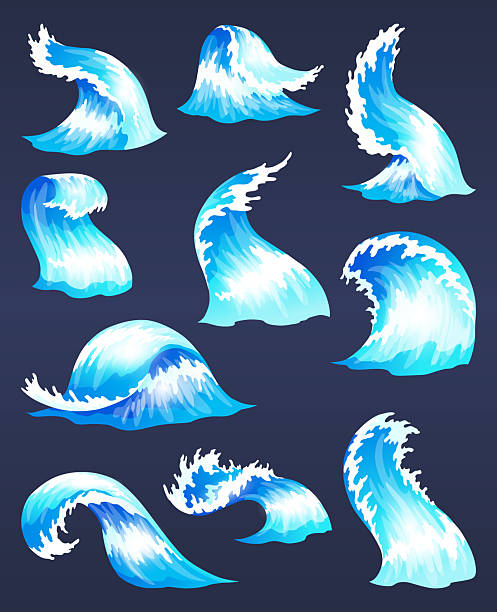 Sea ocean wave set. Blue water ocean waves, marine surf wave, ripples tides sea storm, tsunami, tidal different shapes, splash water motion with spray isolated vector cartoon illustration Sea ocean wave set. Blue water ocean waves, marine surf wave, ripples tides sea storm, tsunami, tidal different shapes, splash water motion with spray isolated vector cartoon illustration. storm surge icon stock illustrations
