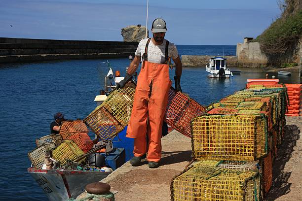 Fishermen in Portugal place the fishing baskets on the quay wall in the harbour of Vila Nova de Mile Fontes