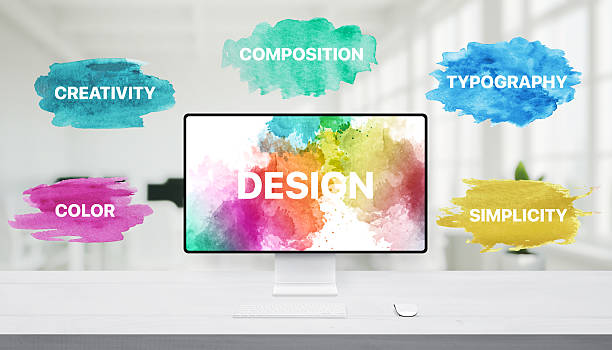 istock Creative mockup with 'Design' on display and artistic brushstroke words emphasizing simplicity, creativity, and visual harmony 2216817054