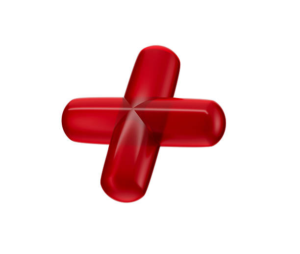 A glossy red plus sign with smooth edges, representing addition or a medical theme. 3D Illustration