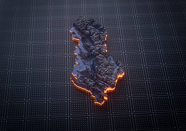 Albania Map Monochromatic Shaded Relief Textured Map With Orange Neon Border 3D Illustration\nSource Map Data: tangrams.github.io/heightmapper/,\nSoftware Cinema 4d