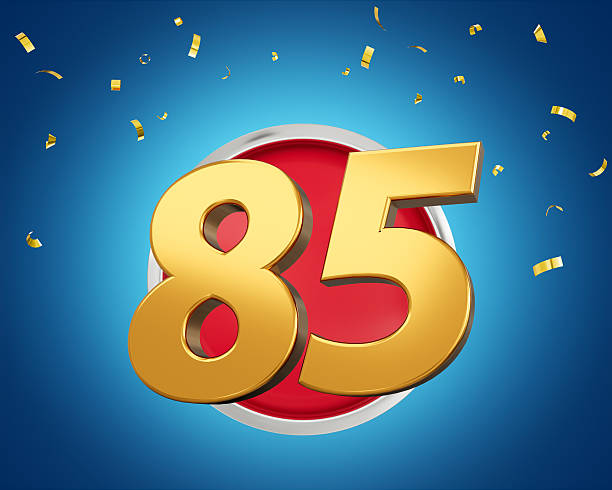 istock Gold Number 85 Gold Number Eighty Five On Rounded Red Icon with Particles, 3d illustration 2216820005
