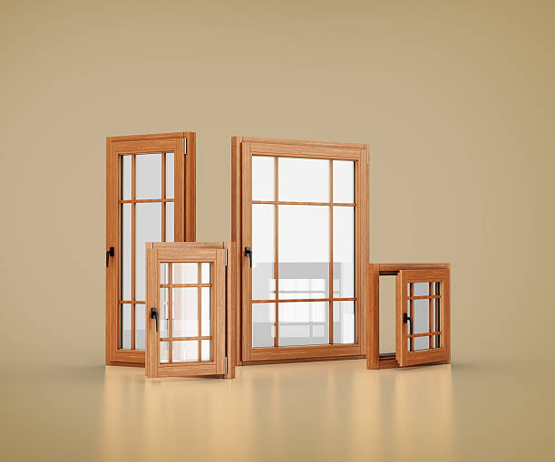 istock Set Of Four Wooden Framed Windows In Different Sizes With Multiple Glass Panes 3D Illustration 2216820040