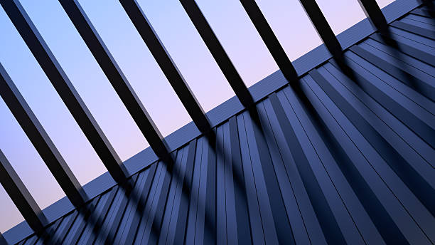 istock Wall of building, modern architecture with metal elements, building with transparent ceiling, sky view. Modern house, office, building, with metal wall and open sky,wallpaper. 3D render 2216827052