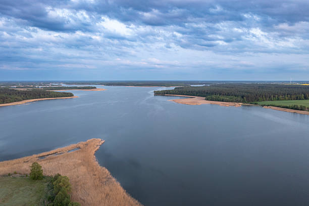 Aerial view of Lake Stackie revealing gently curving shores, forested banks, and golden reed beds under a soft, moody sky.
