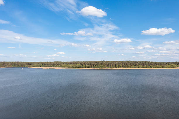 A lone sailboat glides along the quiet edge of Lake Stackie, bordered by golden reeds and dense pine forest stretching to the horizon.