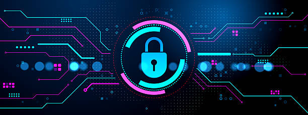 istock Cybersecurity padlock symbol with neon holographic tech elements on abstract digital background representing data privacy and protection system. 3D Rendering 2216829075