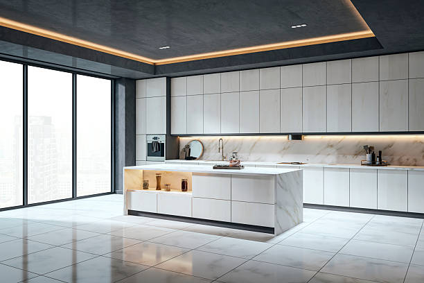 istock Modern minimalist kitchen interior with marble island and ambient lighting in high-rise building, showcasing sleek cabinetry and clean design lines. 3D Rendering 2216829528