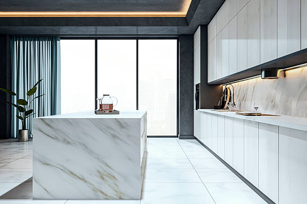 istock Modern minimalist kitchen interior with marble island, sleek cabinetry, and large window view in contemporary apartment space. 3D Rendering 2216829530