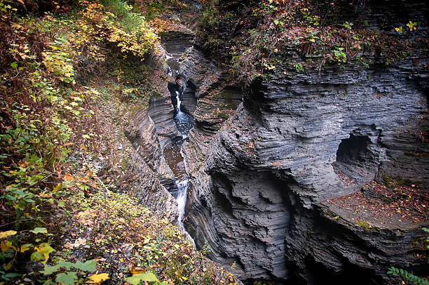 A flowing stream through a gorge in watkins glen state park in New York in autumn.