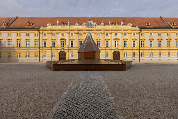 Melk, Austria - February 24, 2023: Melk Abbey on hill above town, Prelate's courtyard. It was founded in 11th century, today's baroque abbey was built in 18th century