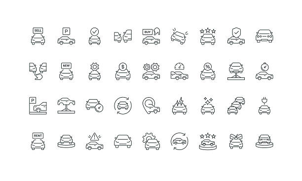Car dealer, auto shop and repair service, showroom to choose, buy or rent line icon set Vehicle dealership, inspection thin black outline symbols vector illustration. Car dealer, auto shop and repair garage service, showroom to choose, buy or rent automobile line icon set. car dealer icon stock illustrations