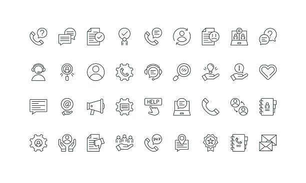 ilustraciones, imágenes clip art, dibujos animados e iconos de stock de servicio de atención al cliente, centro de llamadas y asistencia de problemas, conjunto de iconos de línea de guía en línea - atencion al cliente