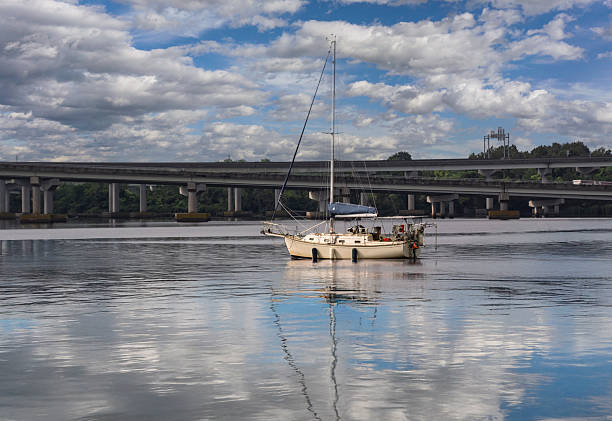 A Sailboat is at Anchor in the Neuse River in New Bern, North Carolina
