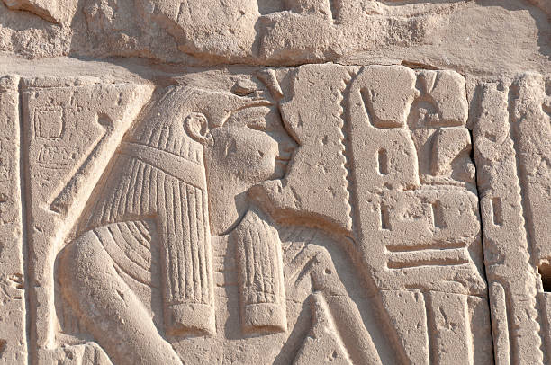 Well preserved authentic real Egyptian hieroglyphs on the wall in the Sobek temple in Kom Ombo, Egypt