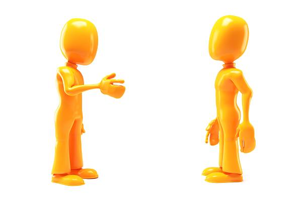 3D rman,  two casual orange figures talking on a white background. Friendly conversation concept with simple, minimal style. Great for communication, interaction, or social themes