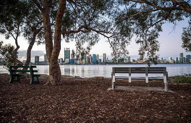Perth urban skyline aerial shot from Swan River showing business district and riverside buildings.