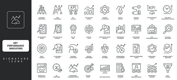 Key Performance Indicators, business development metrics evaluation line icon set Data analytics to plan and improve efficiency thin black outline symbols vector illustration. Key Performance Indicators, business development and quality metrics evaluation line icon set. aligned goals stock illustrations