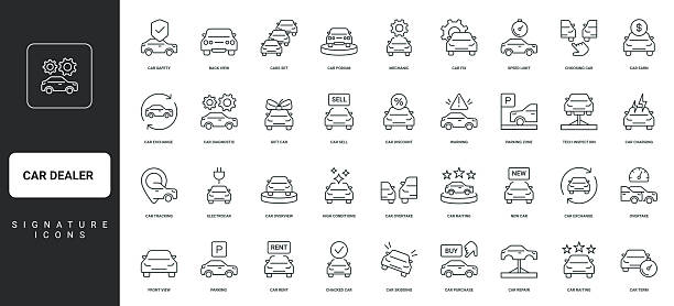 Car dealer and dealership, showroom with new vehicles, price and guarantee line icon set Rent and sell automobile, car review thin black outline symbols vector illustration. Car dealer and dealership business, auto showroom with new vehicles, price and guarantee line icon set. car dealer icon stock illustrations