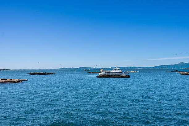 A peaceful view of Baiona Bay in Combarro, Spain, featuring boats on calm blue waters under a clear sky with distant hills.