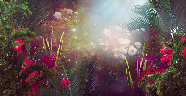 istock Fantasy tropical jungle garden with palms leaf, cycas, flowers and greenery plants in fairytale rainforest, nature background with dreamy atmosphere. 2216857504
