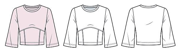 Women Three-Quarter Sleeve Crop Top Technical Fashion Illustration. Corset Top fashion flat technical drawing template. Women Three-Quarter Sleeve Crop Top Technical Fashion Illustration. Corset Top fashion flat technical drawing template, fitted, round neck, bell sleeve, front and back view, white, pink, women CAD mockup. bell sleeve stock illustrations