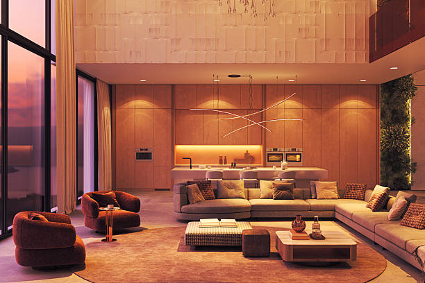 istock Modern luxury interior with sunset view and open kitchen 2216858350