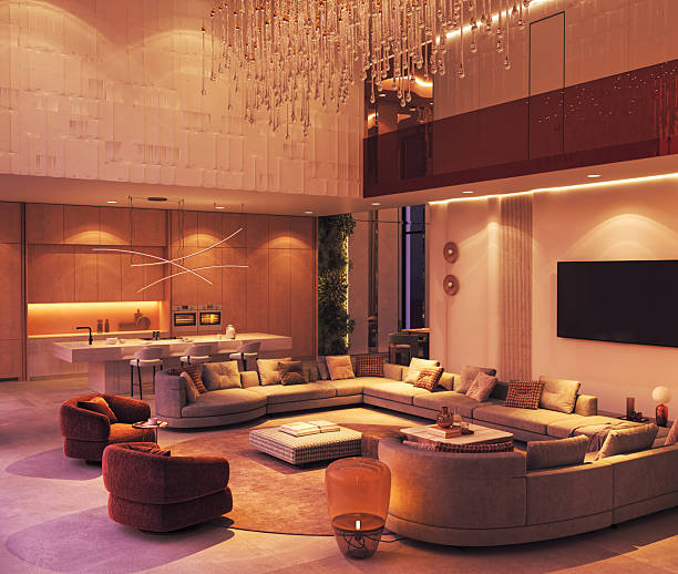 istock Luxury open plan living space with chandelier and modern kitchen 2216858679