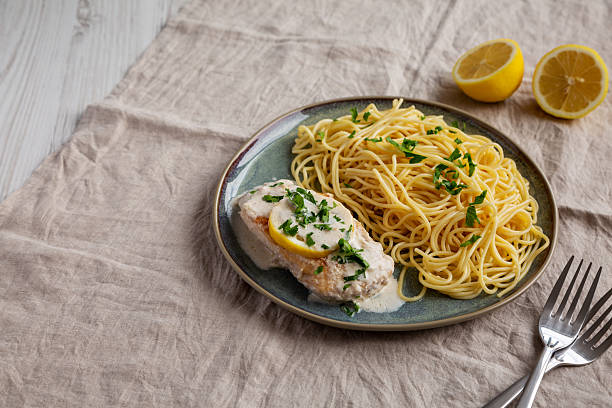 istock Homemade Creamy Lemon Chicken in a Pan, side view. Copy space. 2216876249