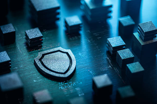 Futuristic security concept showcasing shield and digital network elements representing internet safety and protection stock photo