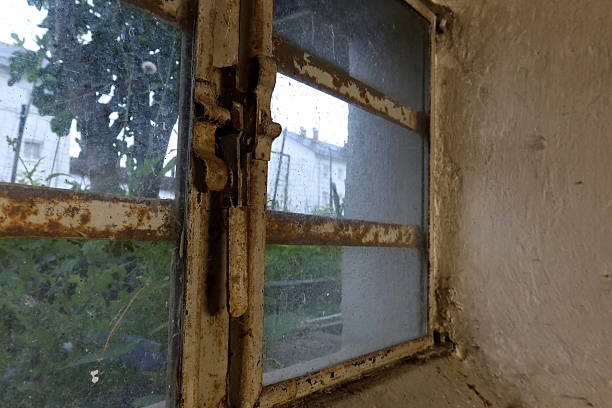 istock Old rusty metal window frame viewed from inside a building, with dirty glass and textured wall. Industrial or abandoned aesthetic with natural light and blurred greenery outside 2216890849
