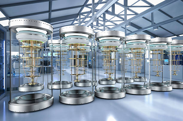 3d rendering group of quantum computer machines in shield capsules at laboratory