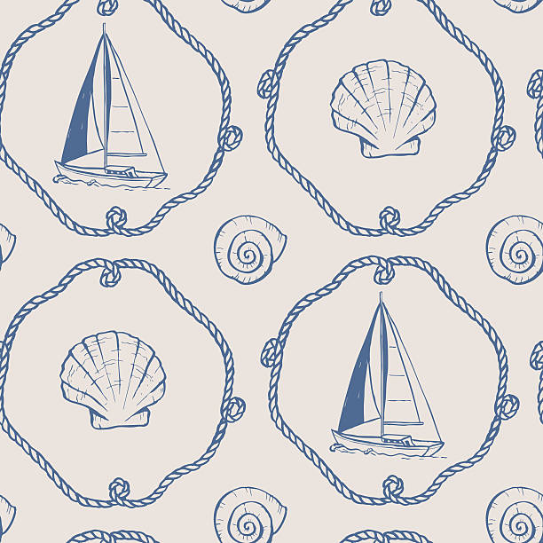 Marine hand drawn seamless pattern. Sea doodle. Nautical drawing. Line art illustration of boat, rope and shells. Graphic background with seashells.