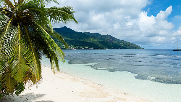 A sandy beach bordered by turquoise waters and lush green hills. Seychelles, Mahe. Beau Vallon Beach.
