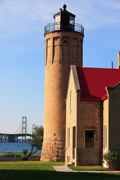 Brick lighthouse near blue water with bridge in background