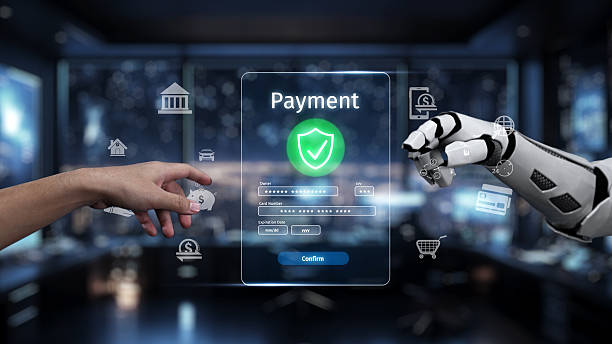 istock Hand Interacting with Robotic Arm for Digital Payment Processing in Futuristic Financial Setting with Technology and Security Elements. Auvana 2216916770