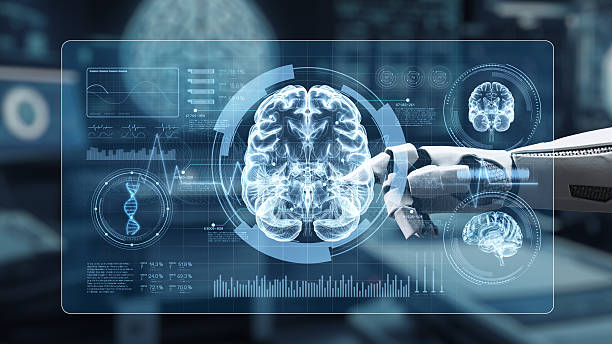 istock Close up of robotic hand pointing and tapping at brain hologram. Salubrious. 2216916776