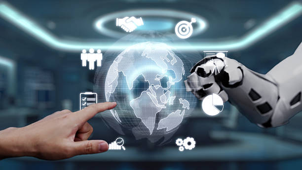 istock Futuristic Interaction Between Human Hand and Robotic Arm with Digital Globe and Data Icons in High-Tech Business Environment. Auvana 2216916827