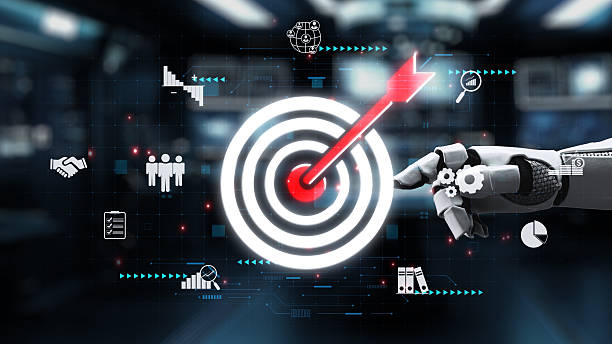 istock Futuristic robotic hand reaching towards target with business icons in digital space, representing technology, data analysis, and goal achievement concepts. Auvana 2216916847
