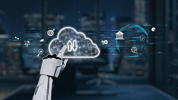 istock Futuristic Robot Hand Interacting with Digital Cloud Icons in Modern Office Setting with Technology and Global Connection Graphics. Auvana 2216916920