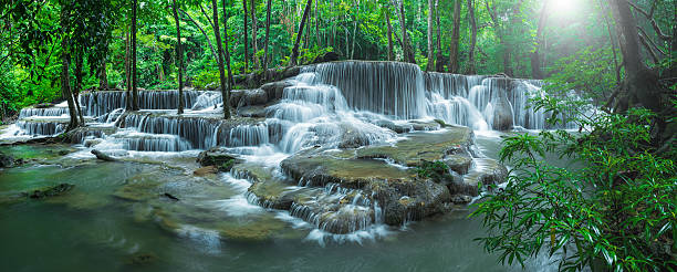 Panoramic beautiful deep forest waterfall in Thailand. nature background.