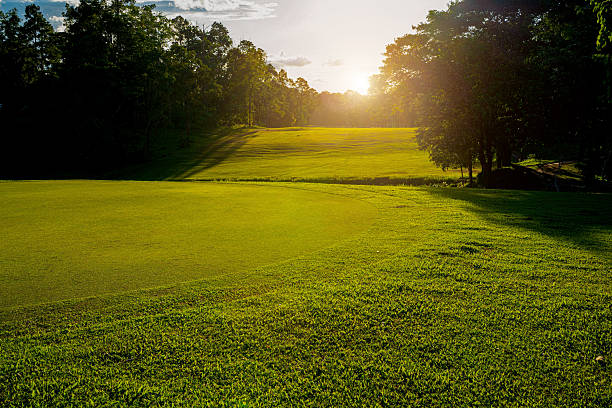 istock Beautiful golf course in a sunny day. Background evening golf course has sunlight shining down. 2216919709