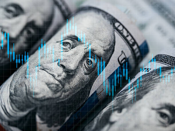 istock Blue candle stick, stock market, currency trading graph on Benjamin Franklin's face on 100 dollars bill banknotes background with net grid pattern. Business, money and financial investment concept. 2216922448