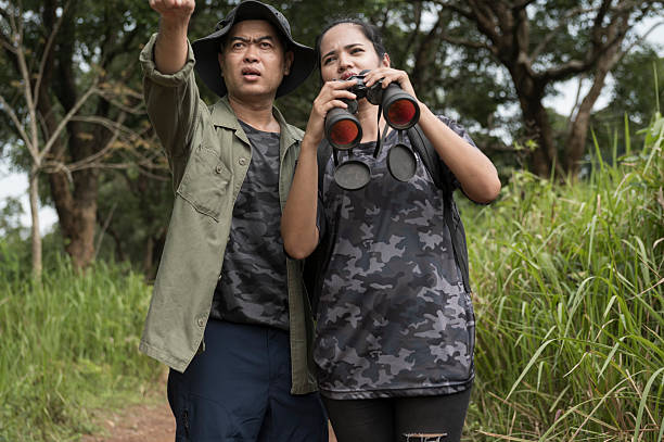 Female birdwatching/hiking  in nature concept
