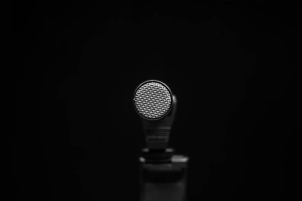 istock Round silver microphone with metal mesh on black background. 2216926701