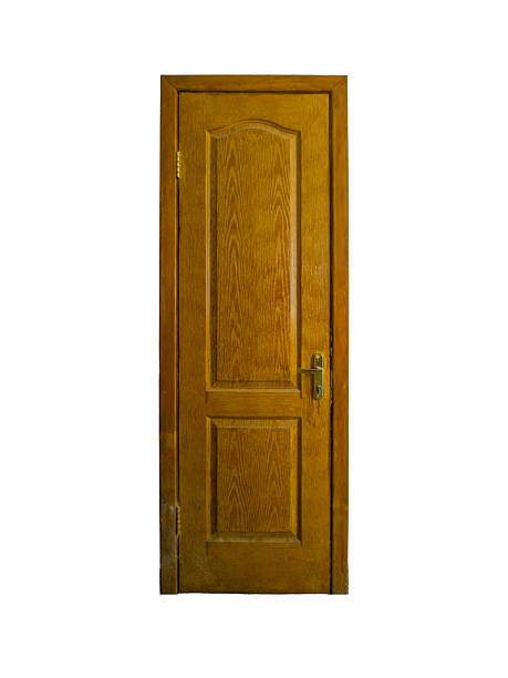 istock Tall narrow wooden door with classic panel design and brass handle is isolated. 2216926808
