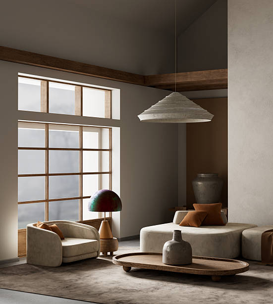 istock Modern minimalist living room with earthy elegance. 3D illustration 2216929089