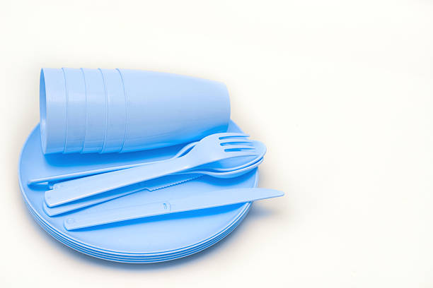 istock Blue plastic fork,cups,spoon,knife,plate for camping, isolated on white 2216931116